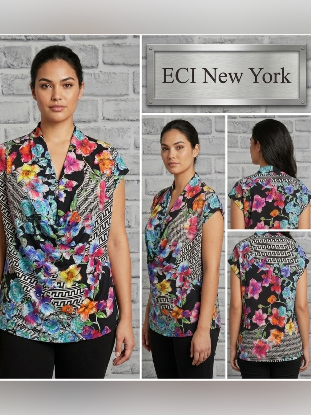 ECI Slouch Neck Multi Color Sleeveless Blouse Large